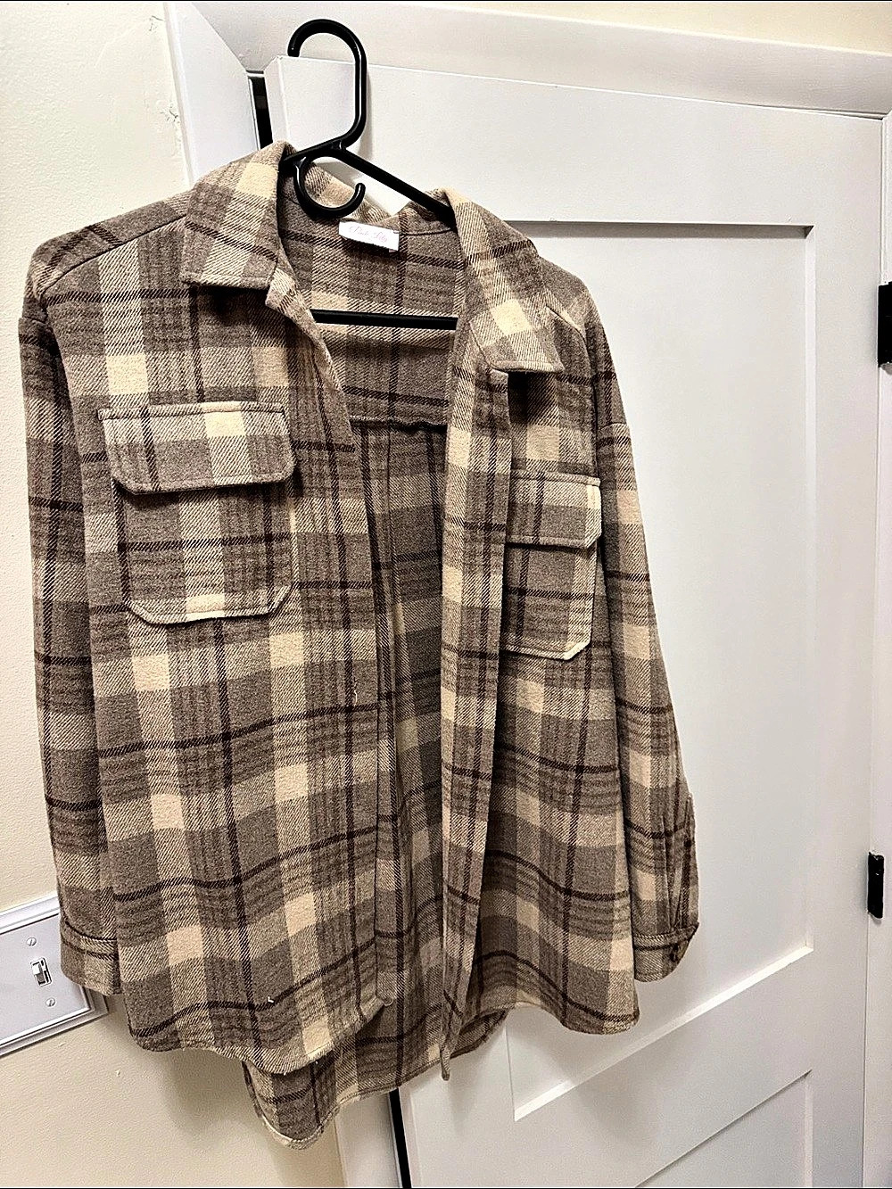 Pink Lily Plaid Shacket in Brown & Cream - Like New